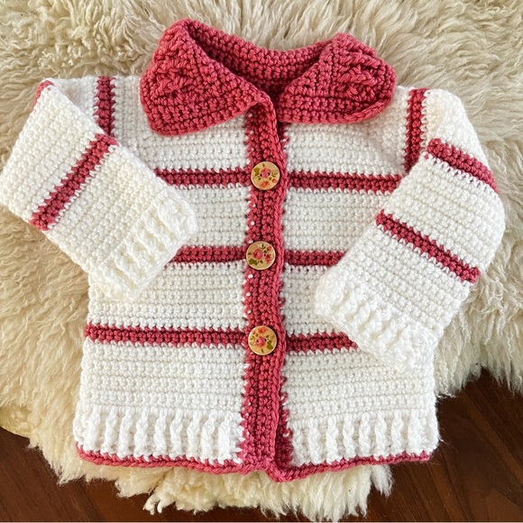 Handmade Striped Baby Girl Crocheted Button Up Sweater 3-6 Months Grannycore New - Picture 3 of 9